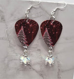 Christmas Tree and Snowflakes Red Guitar Pick with Clear ABx2 Swarovski Crystal Dangles