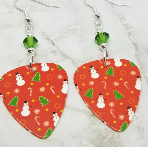 Christmas Trees, Candy Canes and Snowmen Guitar Pick with Green Swarovski Crystals