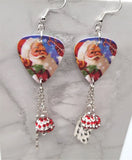 Santa Claus With A Candy Cane Guitar Pick Earrings with HoHoHo Charms and Pave Bead Dangles
