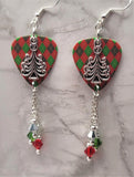 Christmas Tree on Red and Green Argyle Guitar Pick with Swarovski Crystal Dangles
