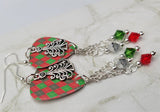 Christmas Tree on Red and Green Argyle Guitar Pick with Swarovski Crystal Dangles