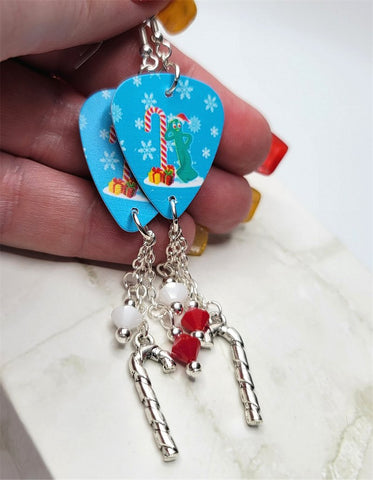 Christmas Gumby With A Candy Cane Guitar Pick Earrings with Candy Cane Charm and Swarovski Crystal Dangles