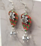 Christmas Red and Green Argyle Guitar Pick Earrings with Metallic Silver Swarovski Crystal Dangles and Silver Bell Charms