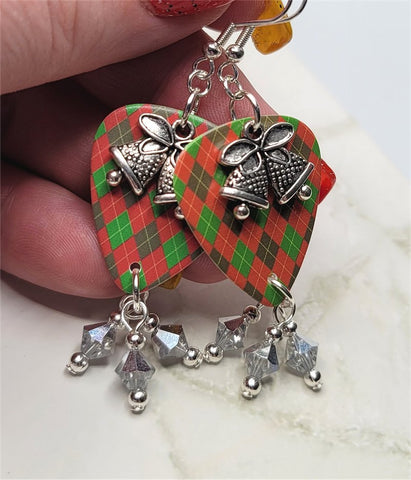 Christmas Red and Green Argyle Guitar Pick Earrings with Metallic Silver Swarovski Crystal Dangles and Silver Bell Charms