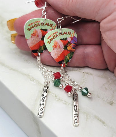 Here Comes Santa Claus Guitar Pick Earrings with Believe Charms and Swarovski Crystal Dangles