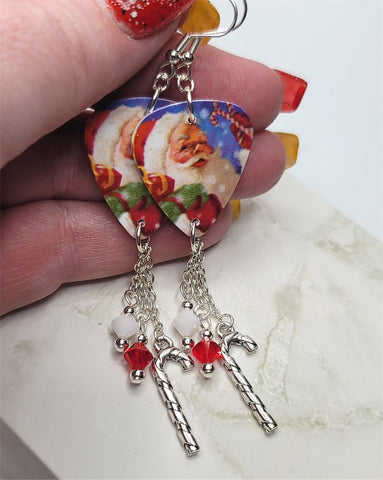 Santa Claus With A Candy Cane Guitar Pick Earrings with Candy Cane Charms and Swarovski Crystal Dangles