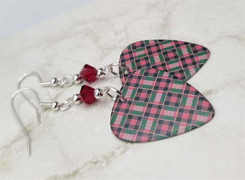 Red and Green Plaid Guitar Pick with Red Swarovski Crystals