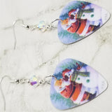 Santa Making a Snowman Scene Guitar Pick Earrings with Clear ABx2 Swarovski Crystals