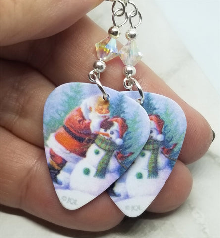 Santa Making a Snowman Scene Guitar Pick Earrings with Clear ABx2 Swarovski Crystals