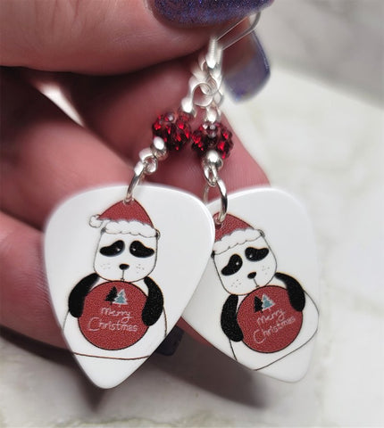 Merry Christmas Panda Bear Guitar Pick Earrings with Red Pave Beads