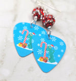Christmas Gumby With A Candy Cane Guitar Pick Earrings with White and Red Striped Pave Beads