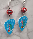 Christmas Gumby With A Candy Cane Guitar Pick Earrings with White and Red Striped Pave Beads