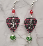 Christmas Red and Green Plaid Guitar Pick Earrings with Swarovski Crystals and Gingerbread Man Charms