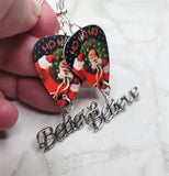 Santa Claus Peeking Through a Wreath Guitar Pick Earrings with Believe Charm Dangles