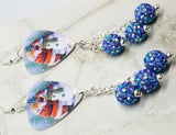Santa Making a Snowman Scene Guitar Pick Earrings with Blue AB Pave Bead Dangles