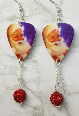 Santa Claus Guitar Pick Earrings with Red Pave Bead Dangles