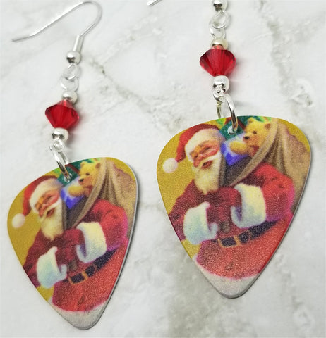 Santa Claus and His Pack Guitar Pick Earrings with Red Swarovski Crystals