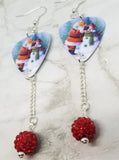 Santa Making a Snowman Scene Guitar Pick Earrings with Red Pave Bead Dangles
