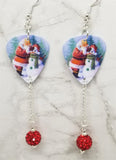 Santa Making a Snowman Scene Guitar Pick Earrings with Red Pave Bead Dangles