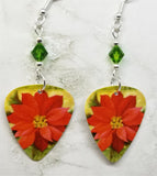 Poinsettia Guitar Pick Earrings with Green Swarovski Crystals