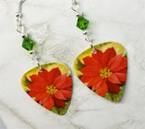 Poinsettia Guitar Pick Earrings with Green Swarovski Crystals