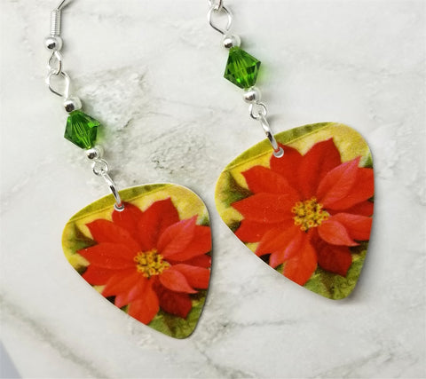 Poinsettia Guitar Pick Earrings with Green Swarovski Crystals