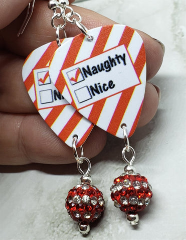 Naughty or Nice Checklist Guitar Pick Earrings with Red and White Striped Pave Bead Dangles