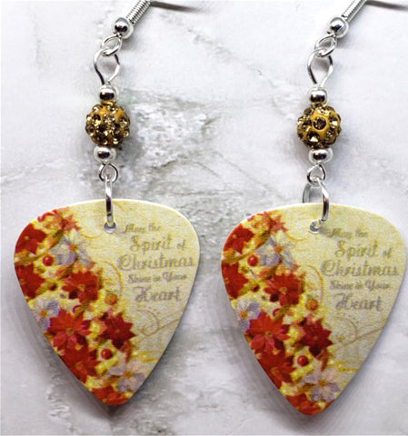 Poinsettia Covered Christmas Tree Guitar Pick Earrings with Muted Gold Pave Beads