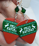 Feliz Navidad Reindeer Guitar Pick Earrings with Emerald Green Swarovski Crystals