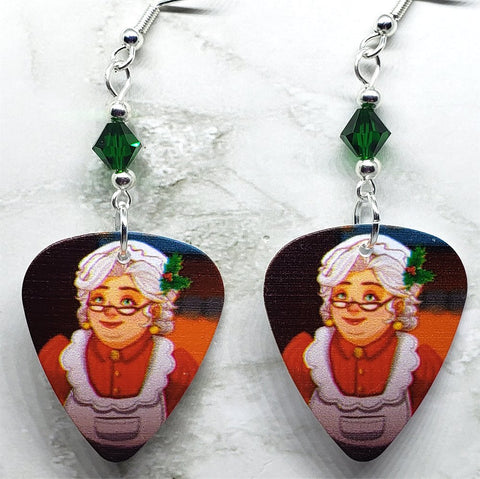 Mrs. Claus Guitar Pick Earrings with Emerald Green Swarovski Crystals
