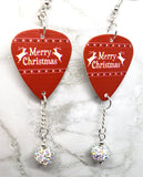 Merry Christmas Reindeer Guitar Pick Earrings with White AB Pave Bead Dangles