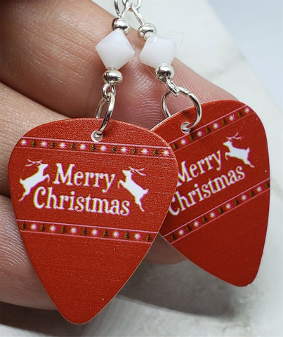 Merry Christmas Reindeer Guitar Pick Earrings with White Swarovski Crystals