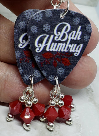 Bah Humbug Guitar Pick Earrings with Red Swarovski Crystals Dangles