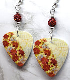 Poinsettia Covered Christmas Tree Guitar Pick Earrings with Red Pave Beads