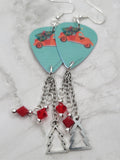 Classic Red Truck with Christmas Tree in Back Guitar Pick Earrings with Christmas Tree Charm and Swarovski Crystal Dangles