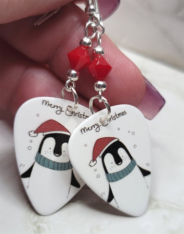 Merry Christmas Penguin Guitar Pick Earrings with Red Swarovski Crystals