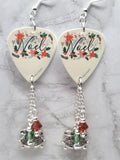 Noel Guitar Pick Earrings with Silver Bell Charms and Swarovski Crystal Dangles