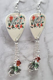 Noel Guitar Pick Earrings with Silver Bell Charms and Swarovski Crystal Dangles