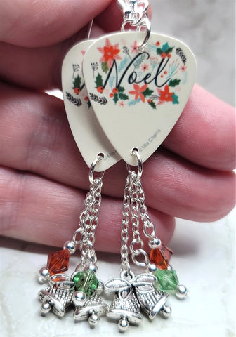 Noel Guitar Pick Earrings with Silver Bell Charms and Swarovski Crystal Dangles