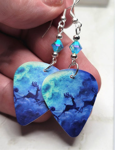 Flying Reindeer Guitar Pick Earrings with Transparent Turquoise ABx2 Swarovski Crystals
