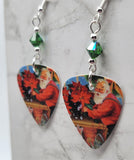 Santa Claus with Poinsettias Guitar Pick Earrings with Green AB Swarovski Crystals