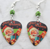 Santa Claus Jolly Holidays Guitar Pick Earrings with Green Pave Beads