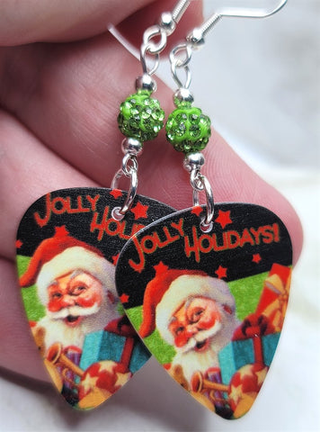 Santa Claus Jolly Holidays Guitar Pick Earrings with Green Pave Beads