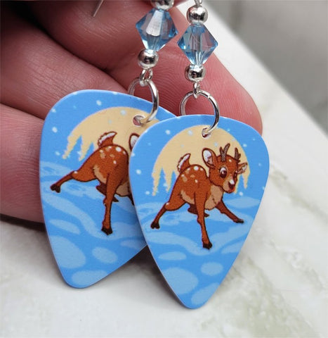 Baby Reindeer Guitar Pick Earrings with Aquamarine Swarovski Crystals