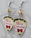 Merry Christmas With A Red Bow Guitar Pick Earrings with Metallic Gold Swarovski Crystals