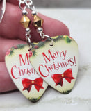 Merry Christmas With A Red Bow Guitar Pick Earrings with Metallic Gold Swarovski Crystals