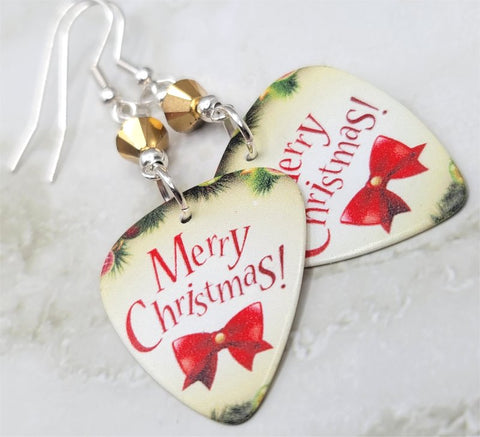 Merry Christmas With A Red Bow Guitar Pick Earrings with Metallic Gold Swarovski Crystals
