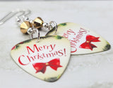 Merry Christmas With A Red Bow Guitar Pick Earrings with Metallic Gold Swarovski Crystals