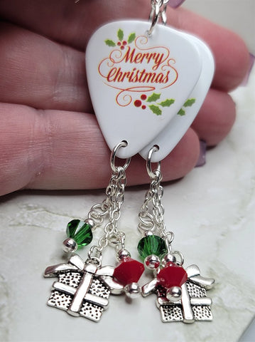 Merry Christmas Guitar Pick Earrings with Gift Charms and Swarovski Crystal Dangles