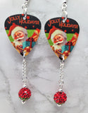 Santa Claus Jolly Holidays Guitar Pick Earrings with Red and Green Pave Bead Dangles
